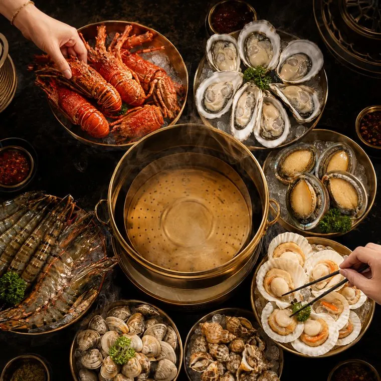 Live lobster, oysters, scallops and prawns laid out around the steam pot