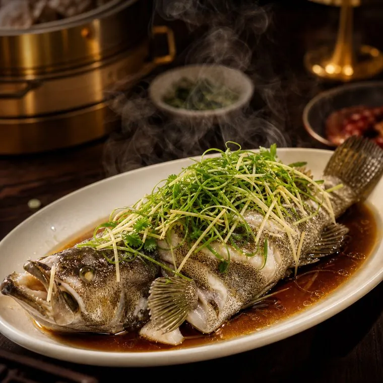 Whole steamed grouper topped with scallions in soy
