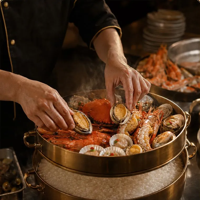 Seafood being arranged in the brass steamer
